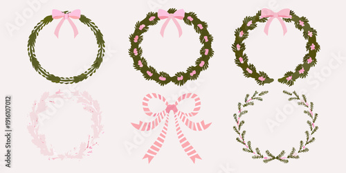 Festive christmas wreaths and ribbon decorations in a muted pink and green palette