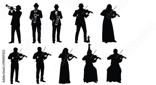 Silhouettes of Musicians Playing Various Instruments Including Violin, Saxophone, and Trumpet, Collection of Classical and Jazz Performers in Elegant Poses, Isolated on White Background for Design