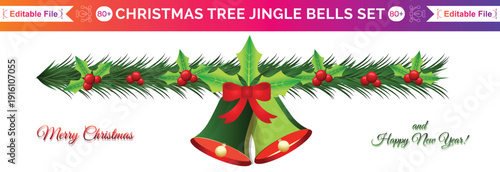 Christmas decorations with fir tree golden jingle bells