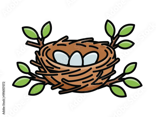 Bird nest with three eggs on branches.