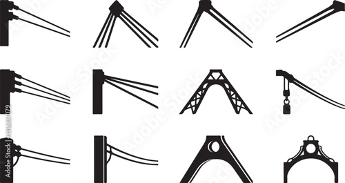 Collection of crane and pulley system silhouettes on white