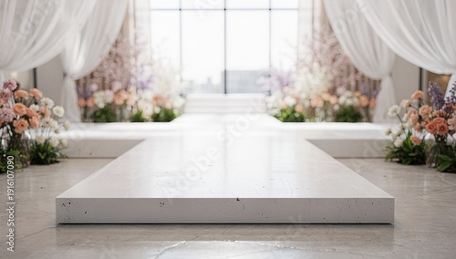 Wallpaper Mural Elegant white runway platform lined with pink and lavender floral arrangements and sheer drapes. Modern fashion show stage in spacious venue with large windows overlooking garden. Luxurious event Torontodigital.ca