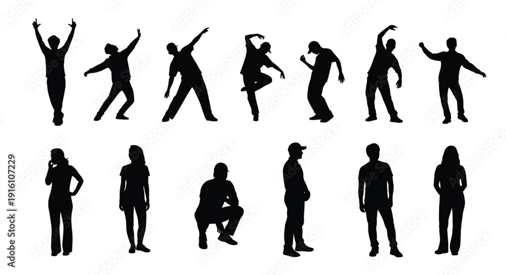 Obraz premium Silhouettes of People Dancing and Standing in Various Poses, Collection of Human Figures in Motion and Stillness for Creative Design Projects, Isolated on White Background