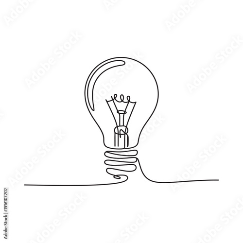 A single line drawing depicts a classic light bulb with a filament