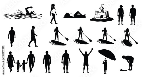 Silhouettes of  Activities Including Swimming, Paddleboarding, and Sunbathing, Collection of Summer Vacation Figures and Sandcastle Elements, Isolated on White Background for Travel Design