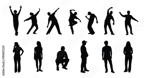 Silhouettes of People Dancing and Standing in Various Poses, Collection of Human Figures in Motion and Stillness for Creative Design Projects, Isolated on White Background