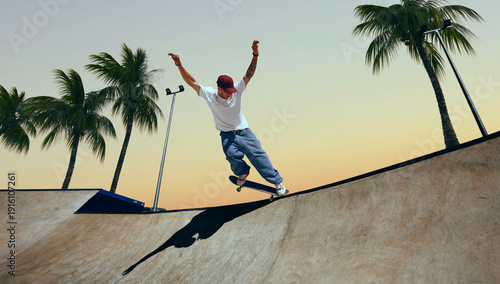 Skateboarder doing a trick in a skate park on sunset.