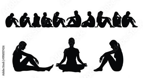 Silhouettes of People in Depressed and Meditative Poses, Collection of Sad Sitting Figures and a Woman Practicing Yoga Meditation, Isolated on White