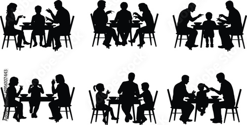 Family dining silhouettes set, parents and children eating together at table, mealtime interaction vector illustration, isolated black figures, family dinner concept artwork