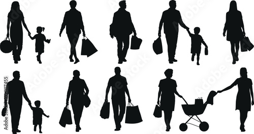 Family silhouettes walking with shopping bags and baby stroller, parents holding children hands black vector illustration isolated on white background, retail lifestyle theme