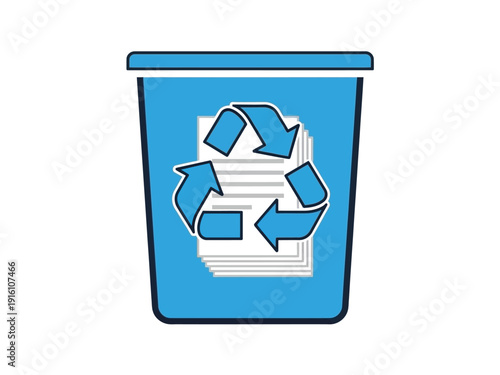 Blue recycling bin with paper and recycle symbol.