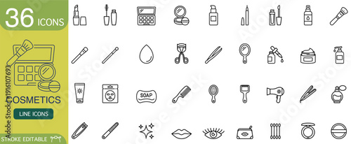 Elegant cosmetic icon set featuring beauty makeup vector line art. Professional outline skincare symbol collection for modern salon design. Editable stroke graphic element on white background