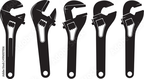 Set of adjustable wrenches in black and white illustration style