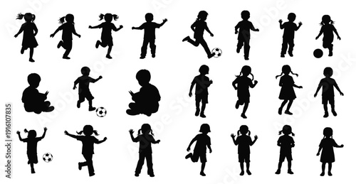 Active children silhouettes set, boys and girls playing sports, soccer, reading, and running, childhood diversity isolated on white background.