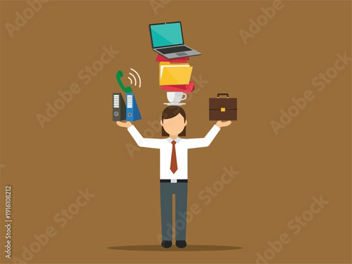 Business person skillfully balancing multiple tasks and objects.