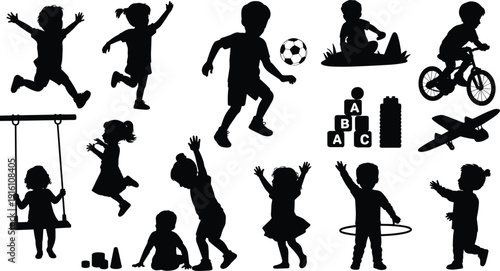 Kids playing silhouettes collection with bicycle, swing, soccer ball and toys, children black vector illustration isolated on white background, active childhood concept