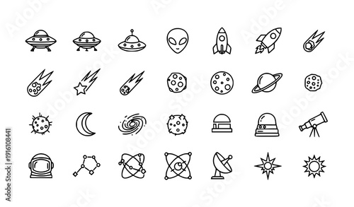 Space Line Icon Set with Alien, Meteor, Planet, and Spaceship Vector Illustrations