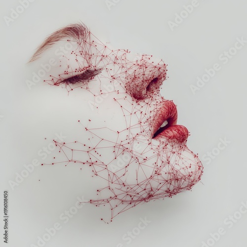 A woman's profile showcasing a red string motif, concept, beauty, and abstract portraiture