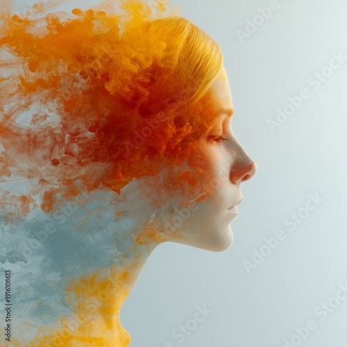 Abstract portrait of a woman featuring a smoky profile, a blue body, and vibrant hair