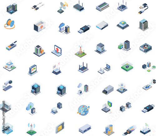 Isometric Network Technology Icon Set with Data Servers, Cloud Computing, Hardware, and Cybersecurity