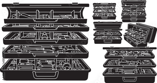 Collection of open and closed toolboxes with various tools