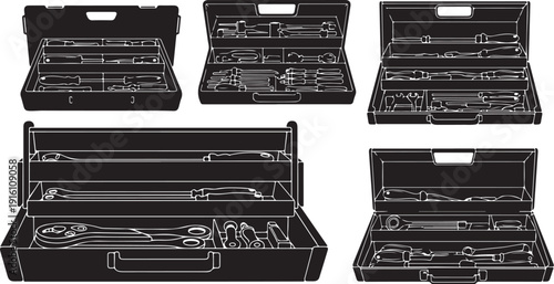 Collection of open toolboxes with various tools inside shown