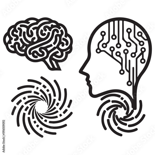 Artificial Intelligence and Human Mind Icon Set Featuring Neural Network Brain Circuitry Profile and Spiral Vortex Symbols Representing Digital Consciousness and Cognitive Processing