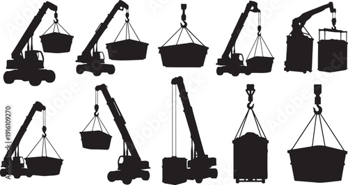 Silhouette of various cranes and buckets in different positions
