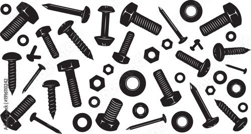 Collection of assorted screws, bolts, and nuts on white