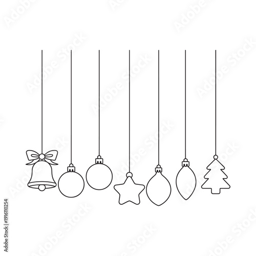 Minimalist line art depicts hanging christmas ornaments and festive decorations