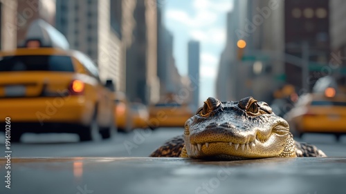 Crocodile amidst bustling city streets, with skyscrapers and traffic contrasting its calm and formidable presence in an urban setting.