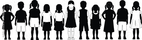 Collection of School Children and Students Silhouettes, Featuring Various Young Boys and Girls Standing in a Row for Education Design,