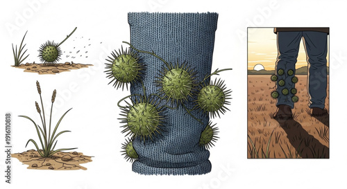 Thistle burrs clinging to blue jeans person's legs in field prickly seed pods
