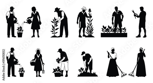 Gardening people silhouettes set, men and women farmers planting, watering plants, pruning, and raking, agricultural work isolated on white background.