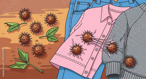 Clothing covered in burrs illustrating a common outdoor problem with burrs on clothes and fabric