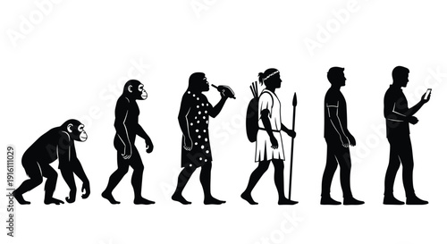 Human Evolution Illustration Featuring Progression From Apes to Modern Man Using Smartphone, Stages of Development and Anthropological Concept Isolated on White,