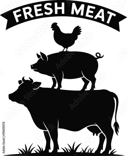 Fresh meat farm animals cow pig chicken stacked silhouette butcher shop logo black vector illustration food industry design branding emblem