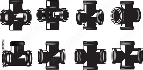 Set of black pipe fittings and connectors on white