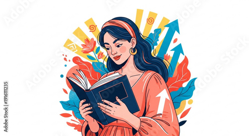 Woman reading book with colorful abstract background and floral patterns symbolizing education and knowledge