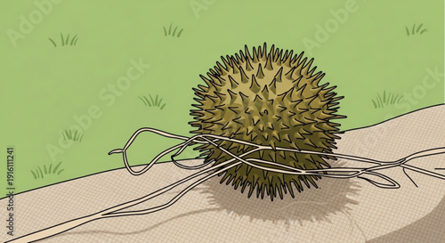 Durian fruit with thorny skin on sandy ground with green background