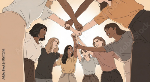 Diverse group of people joining hands in unity and solidarity showing support and friendship