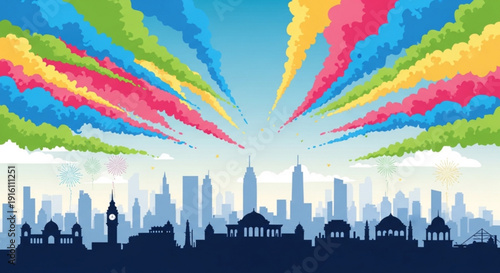 Vibrant city skyline with colorful smoke trails exploding in the sky urban celebration concept