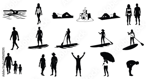 WebSilhouettes of Beach Activities and Summer Vacation Figures  Swimming, Paddleboarding, Sunbathing, and Children Building Sandcastles, Coastal Life Elements Isolated on White Background for Design