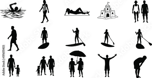 Silhouettes of Beach Activities and Summer Vacation Figures Including Swimming, Paddleboarding, Sunbathing, and Sandcastle Elements, Collection of People at the Coast, Isolated on White Background