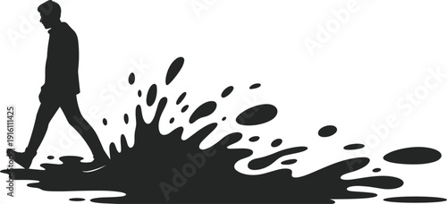 Man walking through splash puddle silhouette symbolizing struggle progress journey challenges resilience concept black vector illustration minimalist design art icon