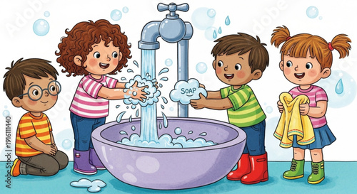 Four children playing with soap bubbles and water in a large purple basin outdoors
