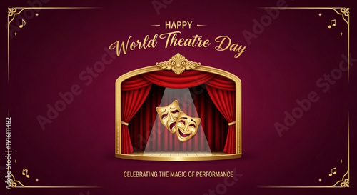Theatrical masks emerge from red curtains on world theatre day celebrating performance magic with comedy and tragedy symbols