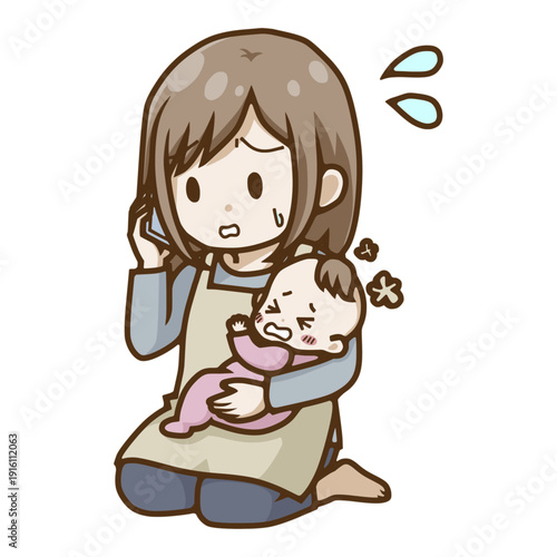 泣く赤ちゃんを抱いて焦って電話をする母親のイラスト（病気・救急相談）