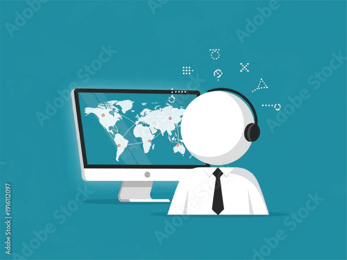 Global Customer Service Representative with World Map Computer.