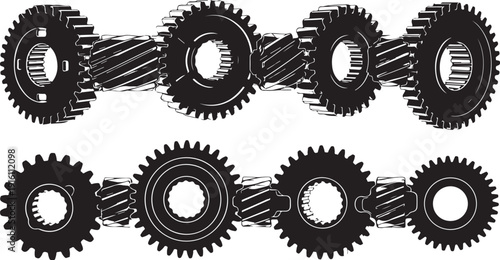 Black and white illustration of interconnected gear mechanisms system